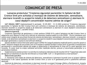 Lansarea proiectului “Creșterea siguranței pacienților în Spitalul de Boli Cronice Siret prin achiziția și montajul de sisteme de detectare, semnalizare, alarmare incendii cu acoperire totală și de detectare semnalizare și alarmare în cazul depășirii