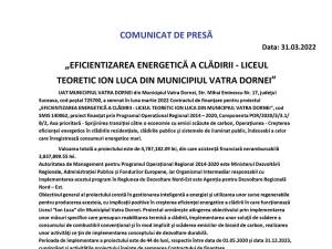 „EFICIENTIZAREA ENERGETICĂ A CLĂDIRII - LICEUL TEORETIC ION LUCA DIN MUNICIPIUL VATRA DORNEI”