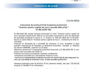 Comunicat de presă privind începerea proiectului ”Granturi pentru capital de lucru acordat IMM-urilor” SC BELACRIS SRL