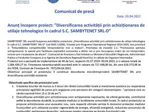 Anunț începere proiect: ”Diversificarea activității prin achiziționarea de  utilaje tehnologice în cadrul S.C. SAMBYTENET SRL‐D”