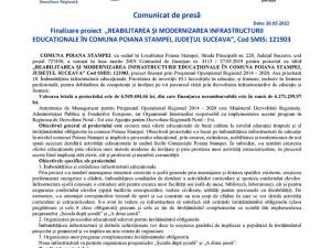 Finalizare proiect „REABILITAREA ȘI MODERNIZAREA INFRASTRUCTURII EDUCAȚIONALE ÎN COMUNA POIANA STAMPEI, JUDEȚUL SUCEAVA”, Cod SMIS: 121903