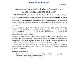 Începere derulare proiect Achiziție de utilaje performante în vederea dezvoltării activității ARCON PRO-DESIGN S.R.L.’’