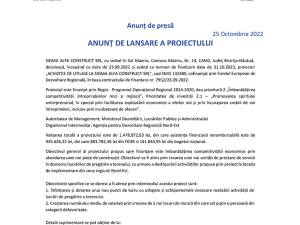 ANUNȚ DE LANSARE A PROIECTULUI - ACHIZIȚIE DE UTILAJE LA SIGMA ALFA CONSTRUCT SRL