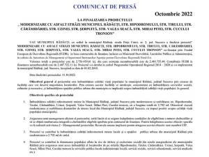LA FINALIZAREA PROIECTULUI „ MODERNIZARE CU ASFALT STRĂZI MUNICIPIUL RĂDĂUȚI, STR. HIPODROMULUI, STR. TIRULUI, STR. CĂRĂMIDĂRIEI, STR. UZINEI, STR. ȘERPUITĂ, STR. VALEA SEACĂ, STR. MIHAI PITEI, STR. CUCULUI TRONSON”
