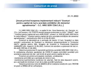 Anunț privind începerea implementarii măsurii &quot;Granturi pentru capital de lucru acordate entităților din domeniul agroalimentar&quot; - S.C. NIRO SERV COM S.R.L.]