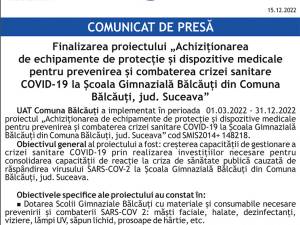 Finalizarea proiectului „Achiziționarea de echipamente de protecție și dispozitive medicale pentru prevenirea și combaterea crizei sanitare COVID-19 la Școala Gimnazială Bălcăuți din Comuna Bălcăuți, jud. Suceava”