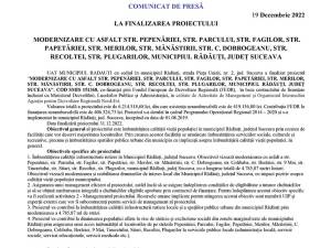 MODERNIZARE CU ASFALT STR. PEPENĂRIEI, STR. PARCULUI, STR. FAGILOR, STR. PAPETĂRIEI, STR. MERILOR, STR. MĂNĂSTIRII, STR. C. DOBROGEANU, STR. RECOLTEI, STR. PLUGARILOR, MUNICIPIUL RĂDĂUȚI, JUDEȚ SUCEAVA